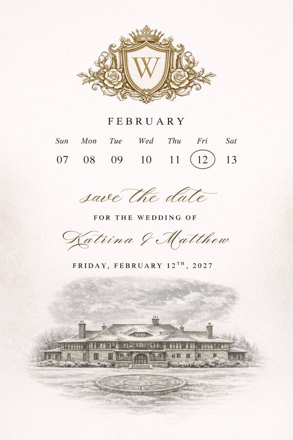 A discarded save-the-date design with a gold crest and a sketch of Le Chateau