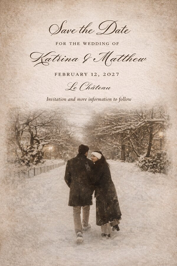 A discarded save-the-date design with a sepia-toned photo of the couple walking in the snow